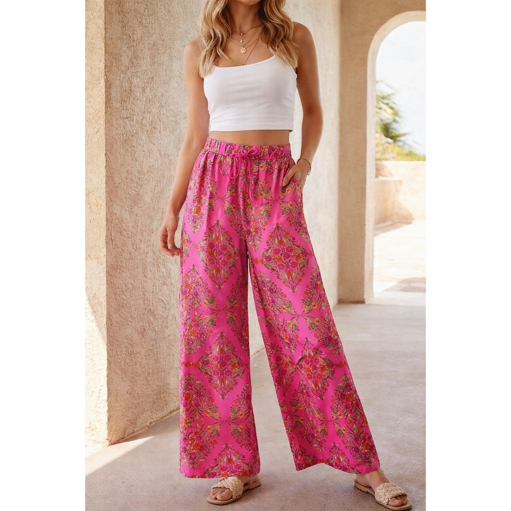 Olivaceous Pink Floral Wide Leg Pants High Rise Pull On Boho S